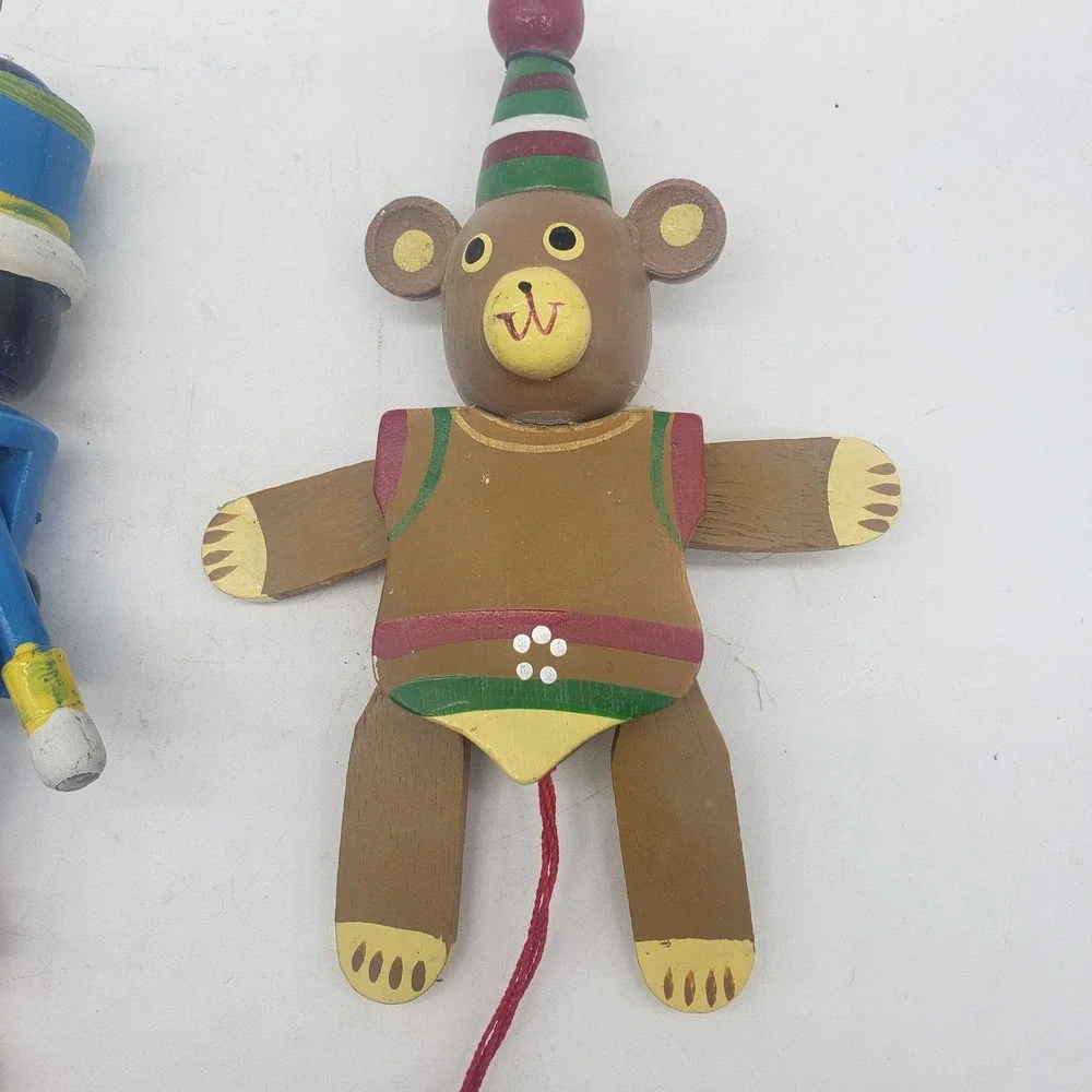 Lot of 2 VTG Wooden Pull String Toy / Christmas Ornament. Taiwan. Soldier & Bear